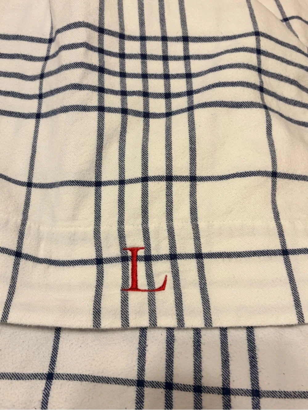 Lands' End White Navy Windowpane Flannel Queen Sheet Set Red Monogram “L” ⚓️🇺🇸